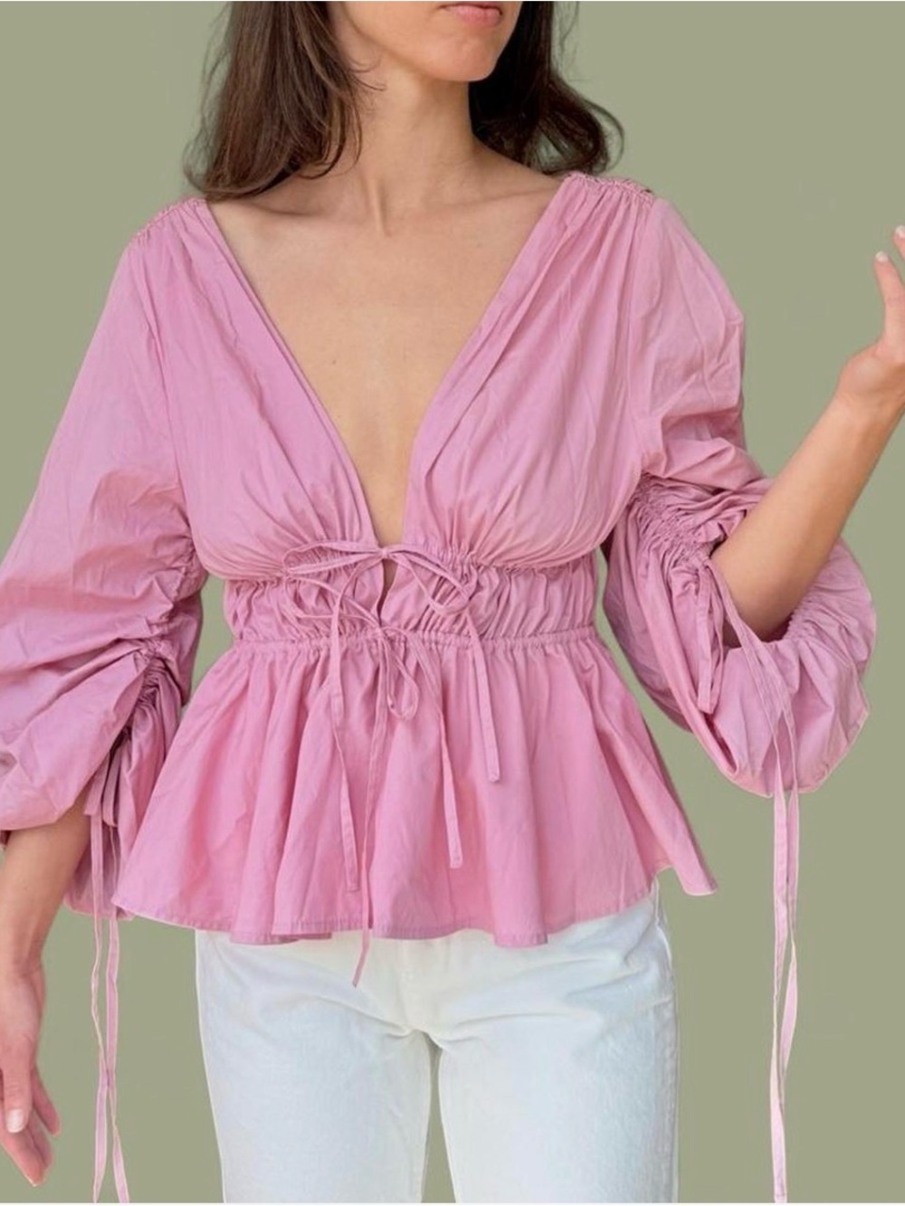 STAUD Pink Drawstring Peplum Blouse Puff Sleeve Coquette Girl Bridgerton